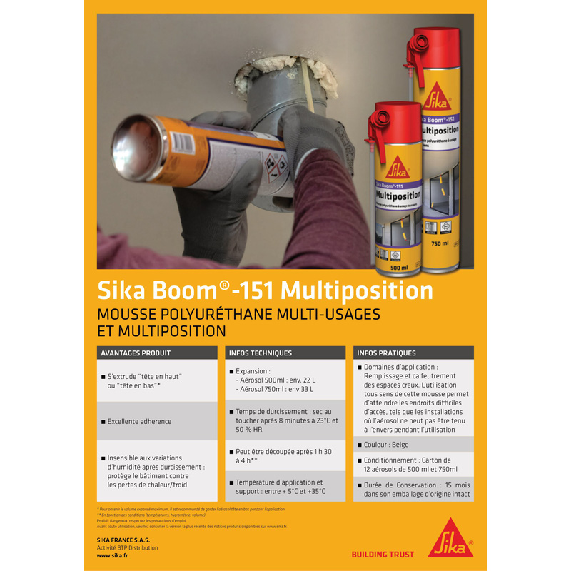 Mousse polyuréthane SIKA - SikaBoom 151 Multiposition - 500 ml