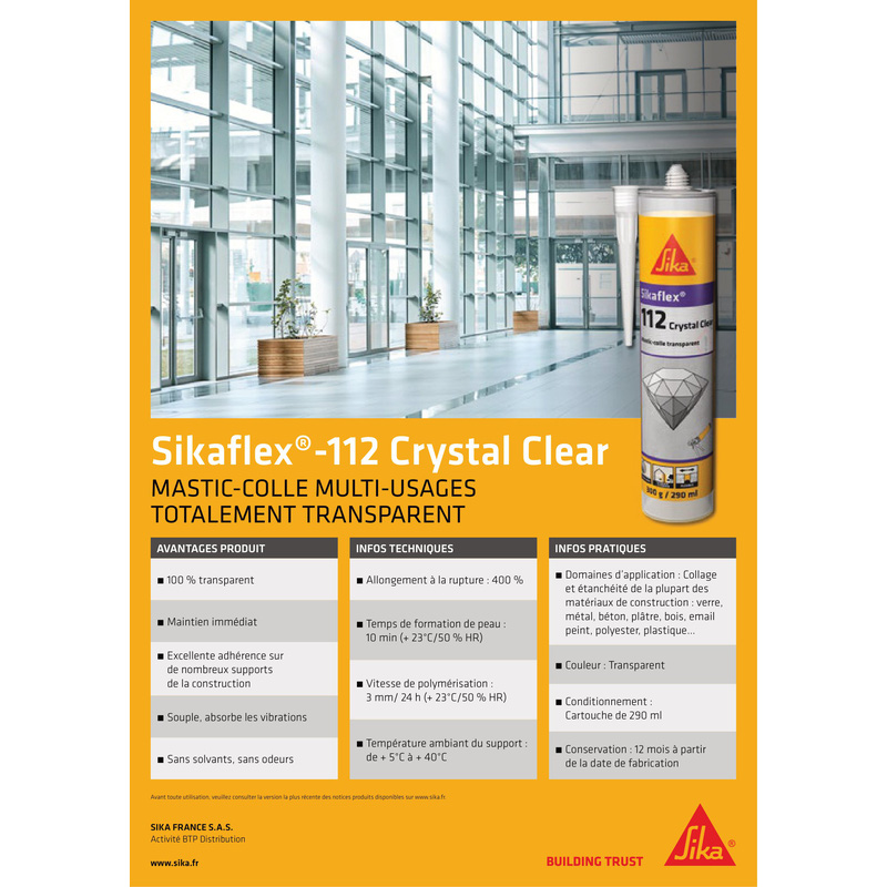 Mastic colle multi-usages Sikaflex 112 Crystal Clear